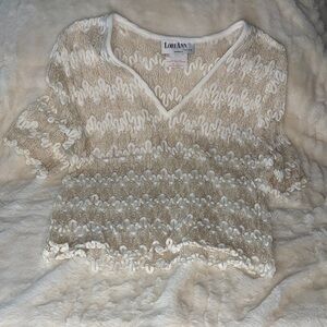 Vintage Women's Elegant Cream and Tan Blouse Size 11/12 Sheer Festival Feminine